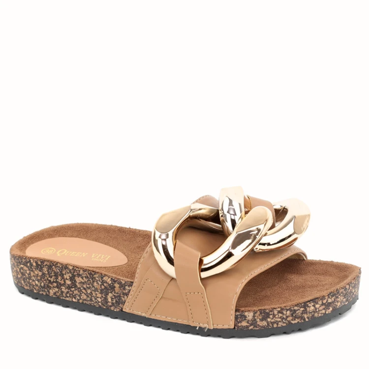 brazowe-klapki-damskie-khaki-ancuch-korek