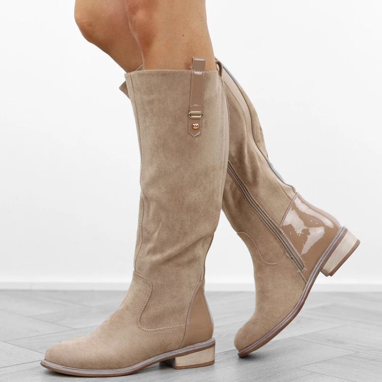 khaki-bezowe-paski-obcas-kozaki-damskie-ocieplane-